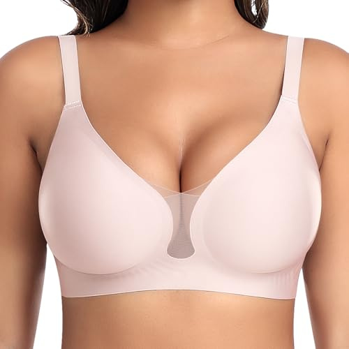 BH Damen Ohne Bügel Nahtloser Glatter Weicher BH Modische Spitze Mesh Tiefes V-Ausschnitt Bequemer BHS Gepolsterter BHS Bustier Bügellos Soft Bra Seamless Bralette T-Shirt (Rosa, XL)