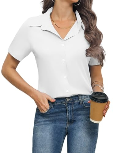 Zeagoo Camicetta da Donna Scollo a V Blusa Business Maniche Corte Camicia Casual Top Elegante con Bottoni Camicie Oversize Bianco L