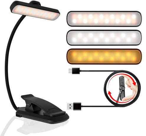 LUTW 24 LED Rotatable Book Light, 3 Eye-Friendly Colours and 5 Brightness Reading Light, Stepless Dimming, 1000mAh Rechargeable Clip on Light, Long Battery Life, Flexible Arm, Lightweight, Black