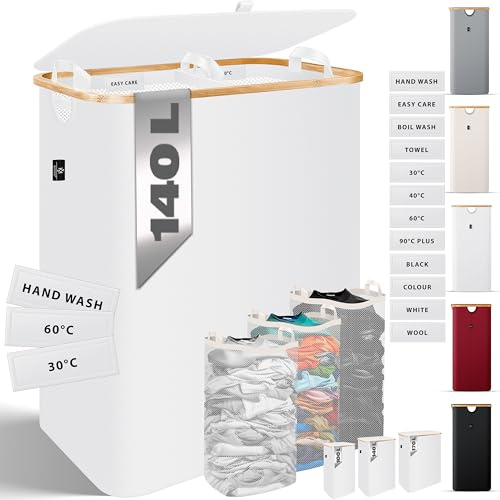 KESSER® Wäschekorb mit Deckel 2 Fächer faltbar 140 Liter Wäschebox Wäschetruhe Wäschekorb Wäschetonne | Wäschesammler mit 3x herausnehmbaren Wäschesäcke | Wäschesortierter inkl. Waschhinweisen Weiß