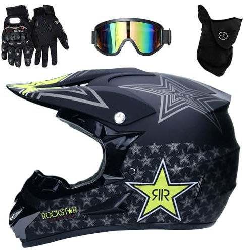 Casco de Motocross para NiñOs y Adultos, GenéRico Casco Integral de Motocross, On Gafas, Guantes, MáScara, Cascos para ATV, BMX, Descenso, Bicicleta de MontañA(Black,L(56-57cm))