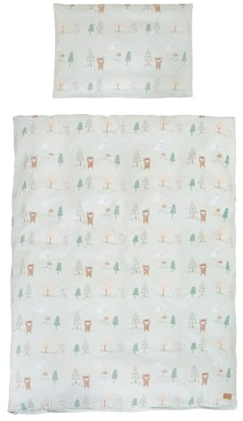 roba Biancheria per Lettino Woodland Buddies - Piumino 100 x 135 cm + Federa 40 x 60 cm - Set 2 Pezzi in Cotone - Verde Pastello