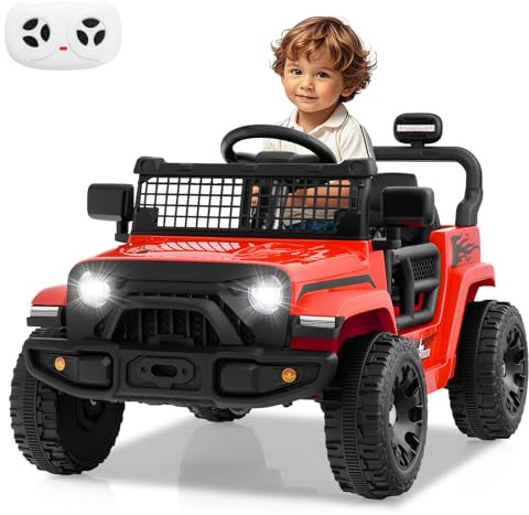 COSTWAY Elektrisk Barnbil 12V med Fjärrkontroll – Röd Elbil för Barn från 3 År med Musik, Tuta, LED-Lampor och 3 Hastigheter, Säker och Bekväm Körning