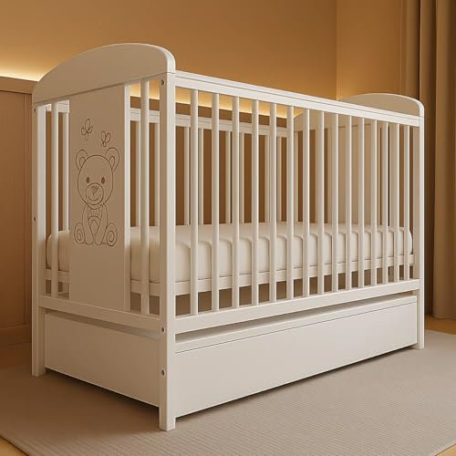 ALAVYA HOME® Tora Babybett 60x120 cm mit Schublade und Lattenrost | Kinderbett Gitterbett 120x60 mit 3 Schlupfsprossen aus massivholz Kiefernholz - Weiß