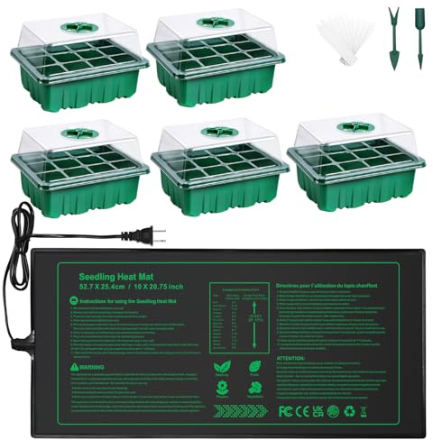 NAMOTEK Stazione di germinazione 5 pezzi con tappetino riscaldante e coperchi – 60 celle, mini serra riscaldata per semi – Kit di germinazione con tappetino termico