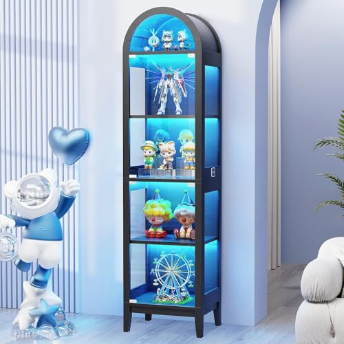 BROTTAR Arched Display Cabinets with Glass Doors, 71 Bookcase Bookshelf with LED Lights for Collectibles, Books, Showcase Glass Display Case with Human Body Sensor for Living Room, Black