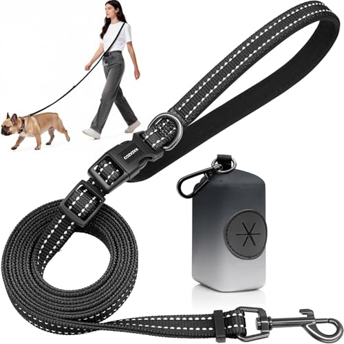Kazazoo Hands-Free Dog Leash with Poop Bag Holder, Adjustable 4-7 Ft Waist for Dog Walking, Running for Small & Medium Dogs with Reflective Strips, Nylon Waist Belt, Black