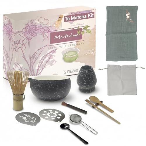 Albitio Set Te Matcha Kit Completo de 12 Piezas- Kit Matcha con Cuenco de Cerámica, Batidor de Bambú y Cuchara Tradicional- Prepara Te Tradicional Japonés, Espuma Cremosa y Ritual de Bienestar en Casa