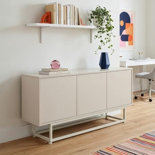 [en.casa] Sideboard Boxholm Lowboard Wohnzimmer Mehrzweckschrank mit 3 Türen Push-to-Open Kommode 120 x 30 x 55 cm Metallgestell verstellbar Sandfarben