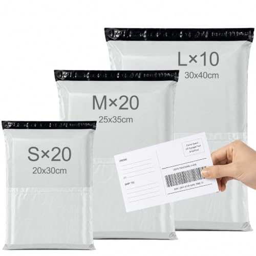 Brysalis 50 Piezas Bolsas para Envíos Autoadhesivo, Opacas Sobres para Envio de Ropa, Sobres Embalaje Libros Impermeables, Bolsas Sobre Correo Plástico para Regalos, Embalar(Blanco, S-20, M-20, L-10)