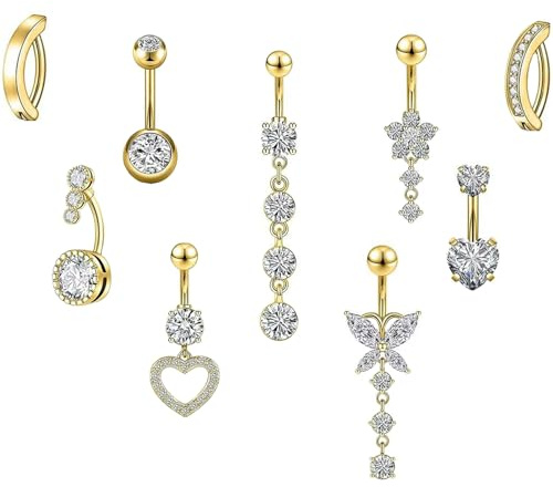 Tweozek 9Pcs Belly Button Bars, Not Rust Bellies Piercing,Curved Navel Bar With Short And Long Navel Rings, Heart Butterfly And Flower Designs