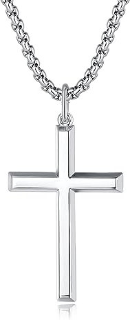 FANCIME 925 Sterling Silber Weiß Vergoldet Kreuz Anhänger Poliert mit Edelstahl Kette für Herren Jungs Kinder - Kettenlänge: 60 cm
