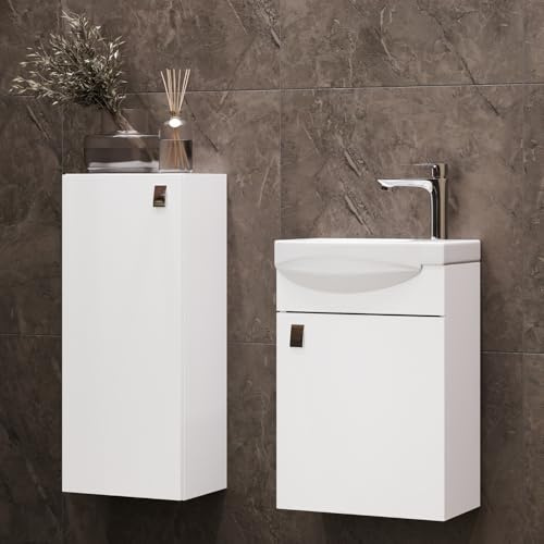 Planetmöbel Conjunto de Muebles de baño Lavabo con Mueble bajo 40 x 60 x 29 cm con Armario Midi 32 x 75 x 23 cm para Cuarto de baño y WC de Invitados, Blanco