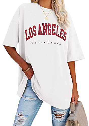 Tomwell T-Shirt Oversize à Col Rond pour Femme Manche Courte Lettres LA Haut D'été Décontracté Chemise à Manches Courtes Lettres Créatives Blouse Sport Lâches Top Tunique A Blanc XXL