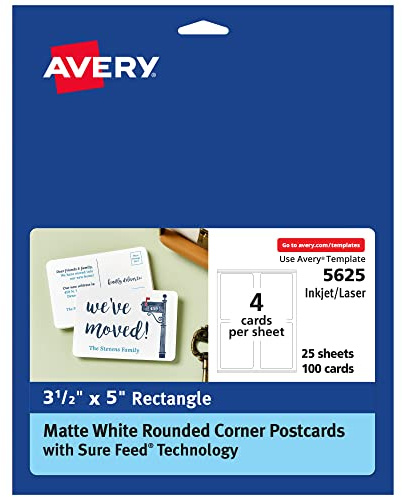 Avery Printable Sure Feed Postcards, 3.5 x 5, 100 Cards