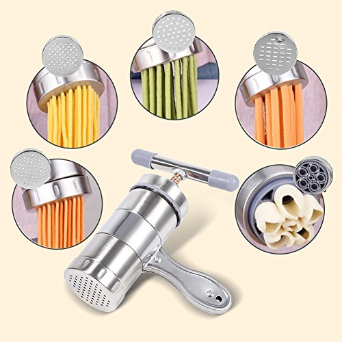 Portable Stainless Steel Pasta Maker Noodle Juicer Machine, Easy Operation, 5 Heads, Water Cleanable, Home or Restaurant Use