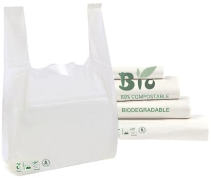 1000uds. Bolsas Camiseta 100% BIO 100 Bolsas,Bolsas Supermercado con Asas,100% Bolsas Compostables Reutilizables y Seguro para Alimento,Bolsas SIN Plastico PREMIUM Resistente y Sostenible