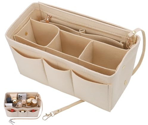 Hejo Bolso Interior Organizador de Fieltro, Organizador de Bolso de Tote con Llavero, con Múltiples Compartimentos Interior Extraíble de Mano Bag Organizer Beige (Talla L)