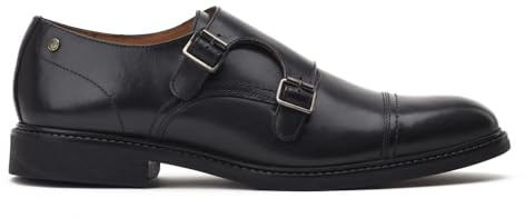 Base London Diablo Waxy - Zapatos de cuero negro con doble correa de monje para hombre, Black, 47 EU