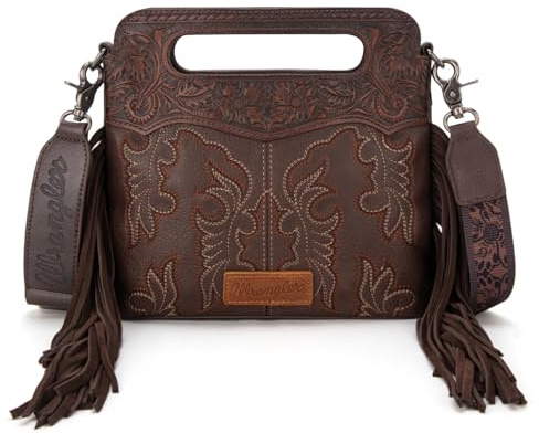 Wrangler Crossbody Bags for Women Western Fringe Top Handle Handbags Embroidered Boot Scroll Crossbody Bag, A-medium-coffee, M