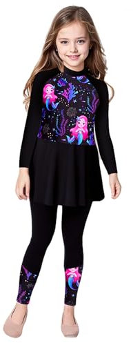 Fldy Mädchen UV Badeanzug Langarm Badeoberteil Kleid Hose 2er Set Kinder Rashguard Bademode Badebekleidung Sonnenanzug Schwarz 146-152