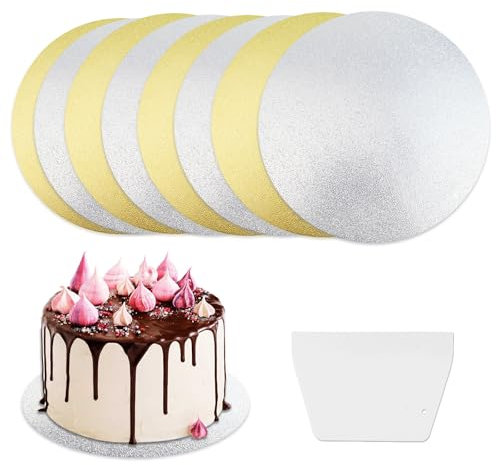 8Pcs Cake Boards, 2 mm ×20cm Thick Cake Board, 8 inch Cake Base Plates, Silver & Gold Cardboard Cake Board, Reusable Cake Base Coated with Cake Scraper, Round Cake Plates for Birthday Wedding