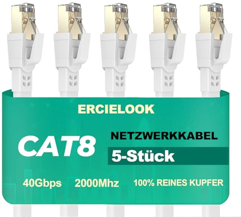 Ercielook Cat 8 Câble Ethernet 2m 5 Pièces – Câble Réseau 40Gbps 2000MHz Plat STP RJ45 LAN Câble Compatible avec Routeur Modem Switch