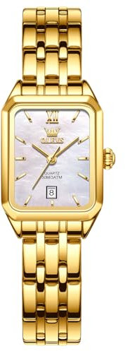 OLEVS Gold Uhr Damen Edelstahl Eleagnt Quarz Analog Damenuhren Weiß Zifferblatt Klein Vintage Armbanduhren für Damen Metallarmband Eckig Wasserdicht Damenarmbanduhr mit Datum Geschenke für Frauen