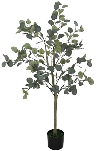 HOMCOM Künstlicher Eucalyptus Baum groß 150 cm Kunstpflanze Künstliche Pflanzen Eucalyptus im Topf, Kunstbaum wie echt mit Kunstgras, Zement für Wohnzimmer, Schlafzimmer, Büro, Garten