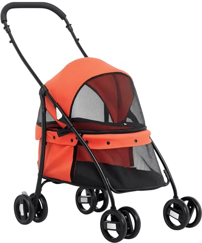 PawHut Passeggino per Cani Pieghevole con Tettuccio Regolabile, Borsa e 2 Guinzagli, Passeggino per Animali in Tessuto Oxford e Acciaio, 82x47x97 cm, Rosso e Nero
