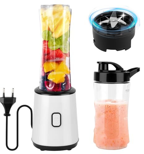 Batidora Smoothies, Mini Batidora Eléctrica, Batidora, Licuadora Portátil, Mezcladora, Libre de BPA, 23,000 RPM, Diseño de Doble Vaso (600ml + 400ml) con Botellas Deportivas para Viaje, 300W