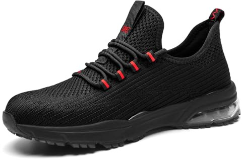 SPIEZ Safety Trainers for Men Women,Air Cushion Composite Toe Work Trainers,Lightweight Breathable,Slip-Resistant, Black/Red UK 7