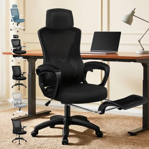 ALFORDSON Justerbar ergonomisk skrivbordsstol med fotstöd, verkställande kontorsstolar andningsbart nät för studier, sovrum, reception, sammankomster, hem, lutande 120° (svart)