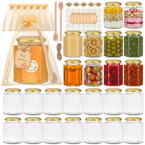 igoelove 270ml Hexagon Glass Jam Jars with Gold Lids, 24 Pack - Airtight Food Storage Containers for Honey,jellies,Desserts,chutneys,Pickles,Spices,herbs Pantry Organization & Wedding Favours
