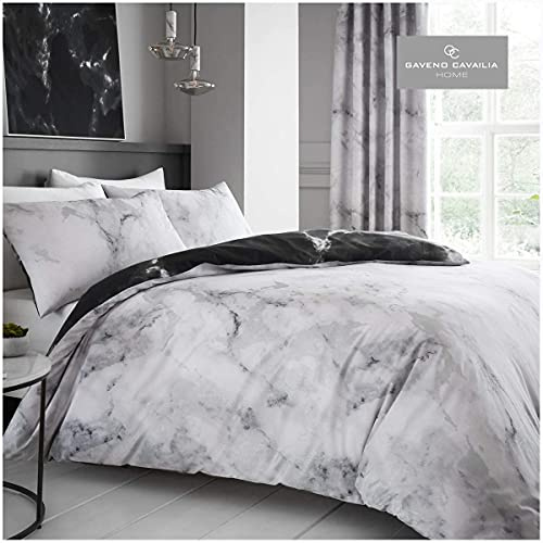 GC GAVENO CAVAILIA Juego de Funda de edredón Estampada tamaño King, Juego de Cama de mármol, Fundas de Cama Reversibles de polialgodón, Color Negro y Gris