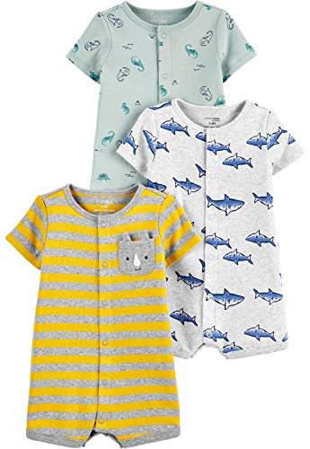 Simple Joys by Carter's unisex-baby Boys' 3-Pack Snap-Up Romper, Dinosaur/Dog/Double Stripe, 6-9 Months