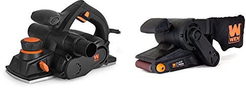 WEN 6534 8-Amp Electric Hand Planer, 4-3/8-Inch & 6321 7-Amp 3 in. x 21 in. Corded Belt Sander with Dust Bag, Black