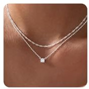 Tewiky Dainty Silver Necklaces for Women, Simple Layered Sterling Silver Plated Cubic Zirconia Pendant Chain Choker Necklaces Fashion Set Jewelry CZ Gifts