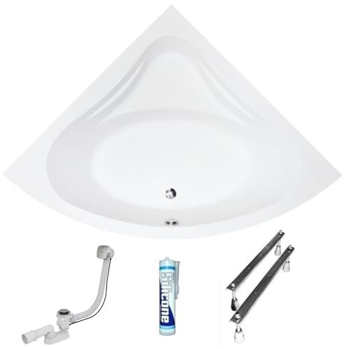 ECOLAM Baignoire d'angle acrylique symétrique Mia 140x140cm | pieds siphon silicone | acrylique blanc | Belle forme | Aspect moderne | original produit
