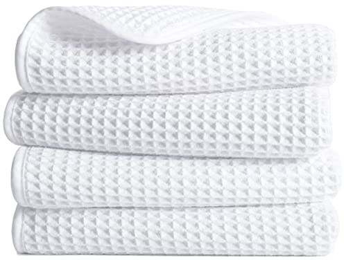 POLYTE Microfibre Lint Free Hand Towel, 40 x 76 cm, 4 Pack (White, Waffle Weave)