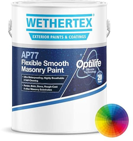 Rawlins Paints Wethertex AP77 Flexible Smooth Masonry Paint- Multi Surface - Waterproof & Long Lasting Formula - Brilliant White - 5L