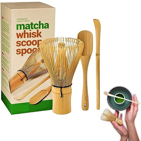 Bambus Matcha Besen und Löffel Set: Matcha Whisk Natural Bamboo Tea Whisk(Chasen) mit 2 Teelöffel(Chashaku), handgefertigter Bambusbesen Matcha-Schneebesen Geschenk für vollendete Tee-Zeremonie