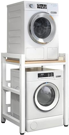Armario Lavadora Secadora Mueble para Lavadora y Secadora con Altura Ajustable Estante para Lavadora Kit de Apilamiento para Lavadora y Secadora Capacidad de Carga 350kg (Nogal, Marco Blanco)