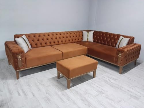 Generisch Ecksofa Mona Chesterfield Sofa Schlafsofa Polster Samt Polsterhocker/Tisch Braun, 226014483819