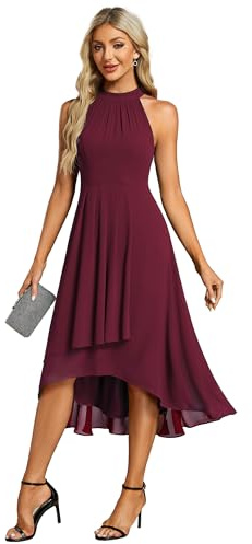 Ever-Pretty Midi Halter Neck Chiffon Wedding Guest Dress with Sleeveless and A-Line Women Dresses for Wedding Burgundy 12UK