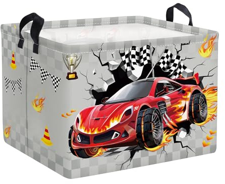 Clastyle Grande Cestino Portaoggetti Grigio Auto Sportiva con Maniglia Ceste per la Biancheria Pieghevole Rettangolare 3D veicolo Vestiti Giocattolo per Camera dei Bambini Bagno, 40x30x30 cm