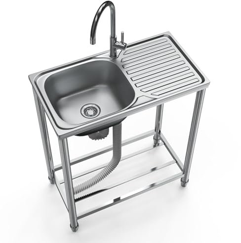 Lavello in Acciaio Inox autoportante a vasca singola Lavello Cucina con Banco da Lavoro,Mobile Commerciale Lavabo di Utilità Lavandino Da Esterno con I Ripiani Di Stoccaggio per Campeggio/Garage
