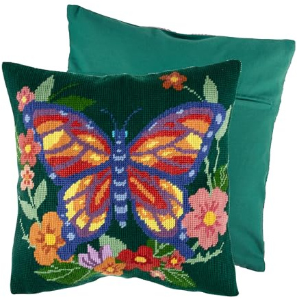 Trimits Halvstygn korsstygn kudde kit, kudde rygg ingår, förtryckt duk, garn och nål ingår 40 x 40 cm (15,75 x 15,75 tum), flutterby