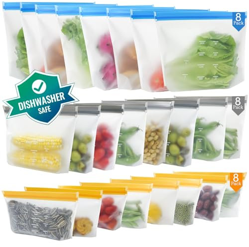 Lot de 24 sac congelation reutilisable et Stand Up,Sac congelation en silicone sans BPA, Sacs de rangement en silicone réutilisables Étanches pour Ranger Légumes, Fruits,Sandwich, LéGumes, Viandes