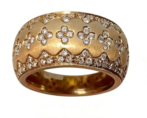 18K Gold Italian Handcrafted Brushed Buccellati-Style Ring – Luxury Four-Leaf Clover Diamond-Cut Zirconia Ring for Women, Elegant Vintage Royal Jewelry Size 7